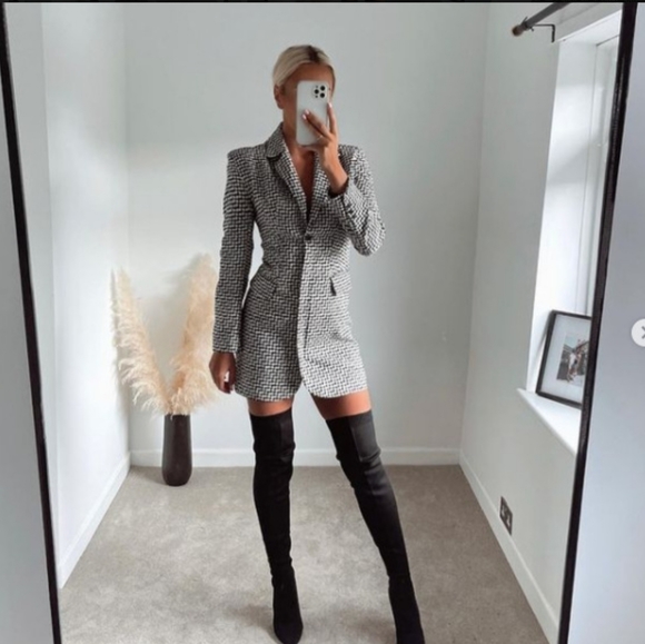 NWT Zara * Houndstooth Textured Tweed Blazer Dress Cut Out Size XS S - Picture 5 of 15